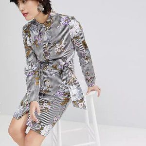 Warehouse Tie Front Floral Stripe Shirt Dress - Dark Blue / US 12